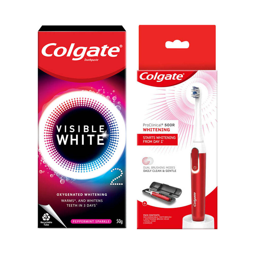 Colgate Visible White O2 Toothpaste Peppermint Sparkle & 500R Whitening Elec Toothbrush