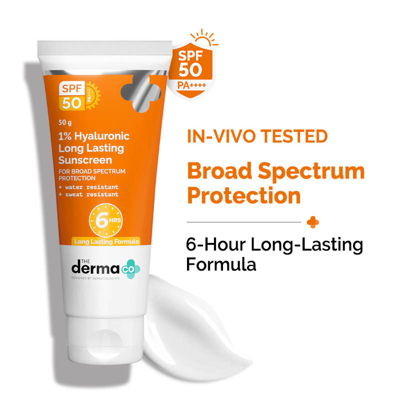 The Derma Co 1% Hyaluronic Long Lasting Sunscreen SPF 50, PA++++ |6 hrs. Sun Protection For All skin