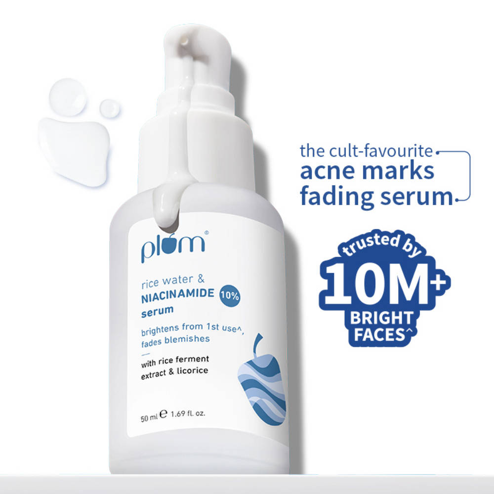 Plum 10% Niacinamide Brightening Face Serum with Rice Water, Fades Acne Marks, for Oily to Dry Skin