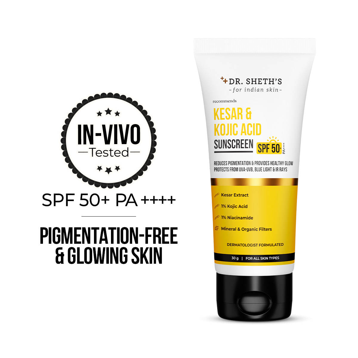 Dr. Sheth's Kesar & Kojic Sunscreen SPF 50+ PA++++ In-Vivo Tested for Pigmentation-Free Skin(50g)