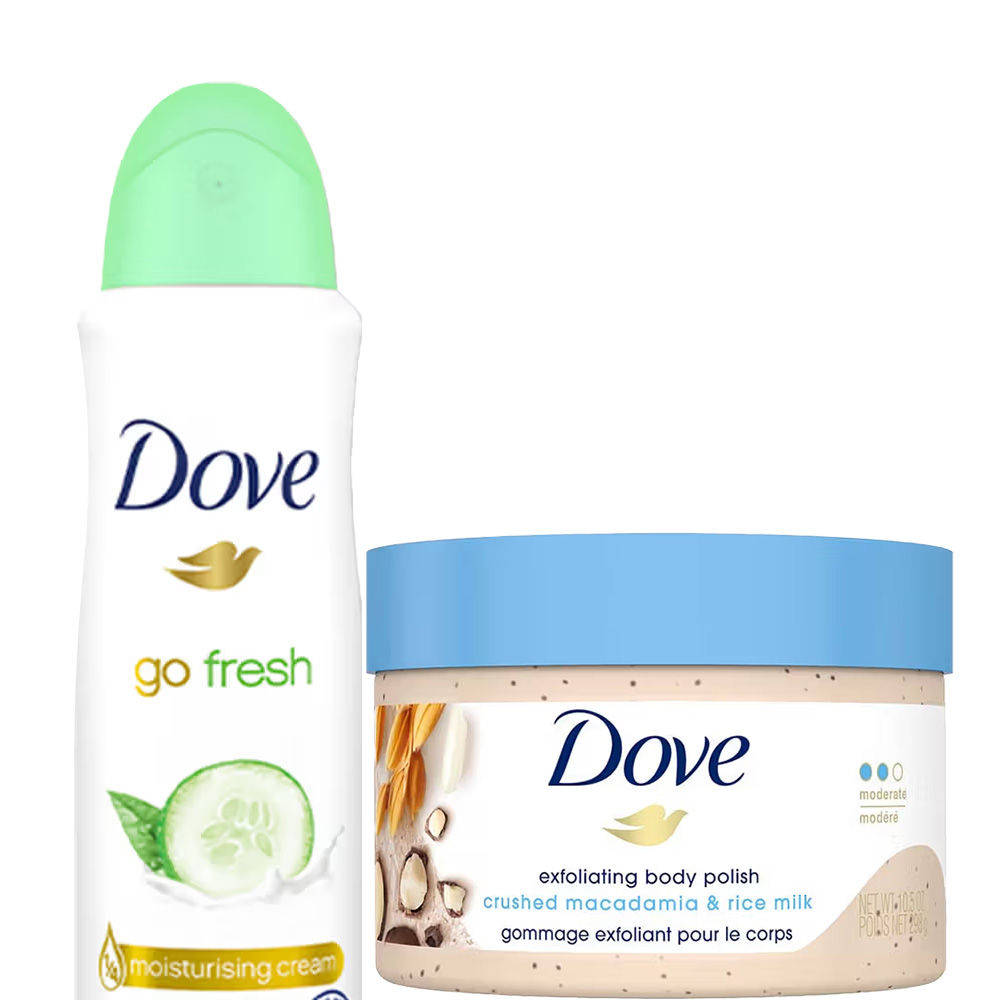 Dove Cucumber, Green Tea Deodorant & Crushed Macadamia + Rice Milk Body Polish