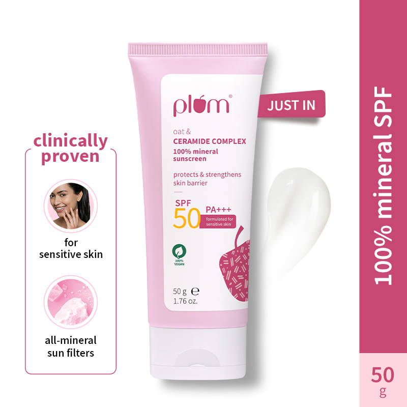 Plum Ceramide & Oat Mineral Sunscreen SPF 50 PA+++ Protects Skin Barrier, For Dry ToNormalSkin