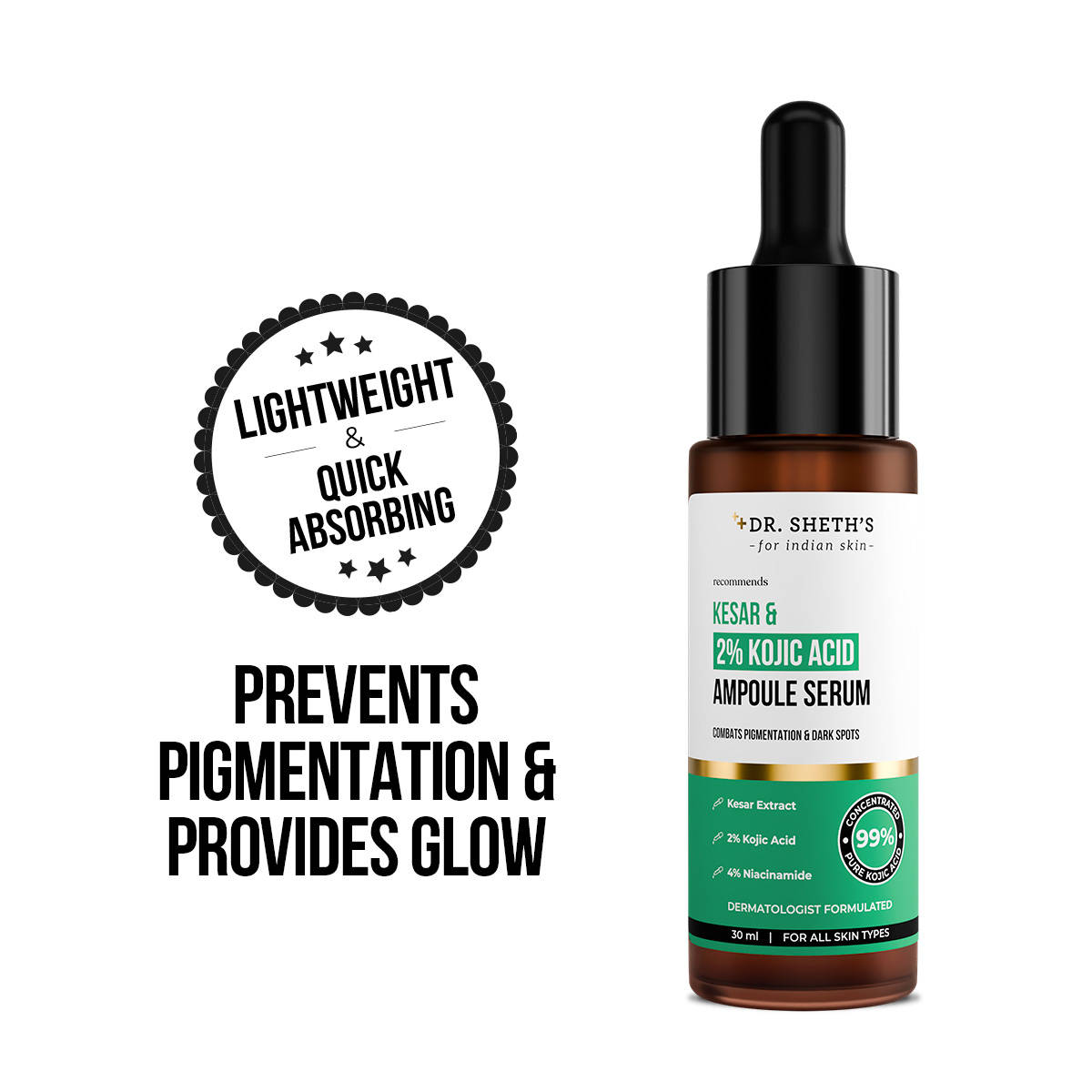 Dr. Sheth's Kesar and 2% Kojic Acid Ampoule Serum for Pigmentation and Glow Boost