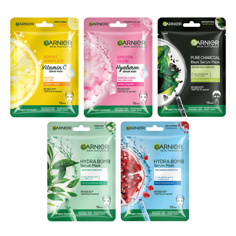 Garnier Face Serum Sheet Mask Pack of 5 (Vit C + Hydra Bomb + Sakura + Hydra Bomb Blue + Charcoal)