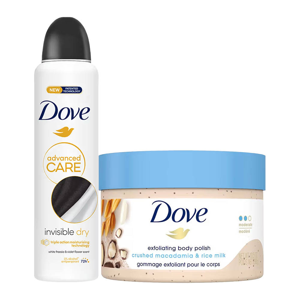 Dove Invisible Dry Deodorant & Crushed Macadamia + Rice Milk Body Polish
