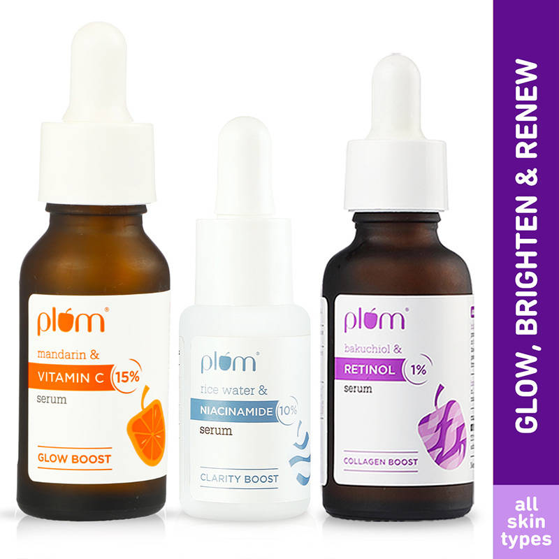 Plum Glow, Bright & Renew Serum Trio - 15% Vitamin C + 10% Niacinamide + 1% Retinol Serum