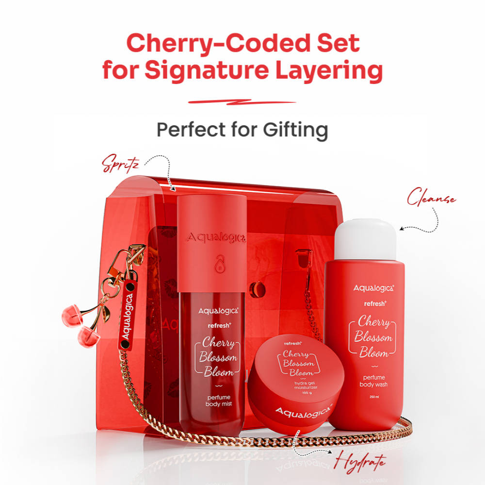 Aqualogica Cherry Blossom Bloom: Body Wash, Hydra Gel, Mist + Sling Bag & Charms Hot Girl Essentials