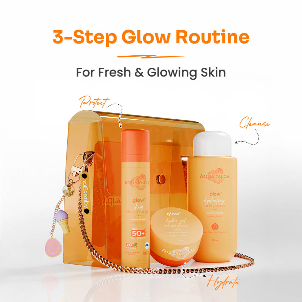 Aqualogica Born To Glow Kit - Body wash , hydra gel & sunscreen with sling bag & charms