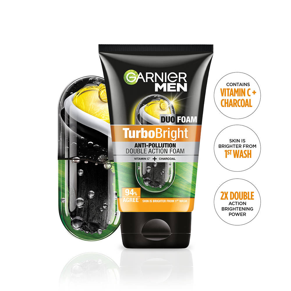 Garnier Men Turbo Bright Anti-Pollution Double Action with Charcoal and Vitamin C Face Wash