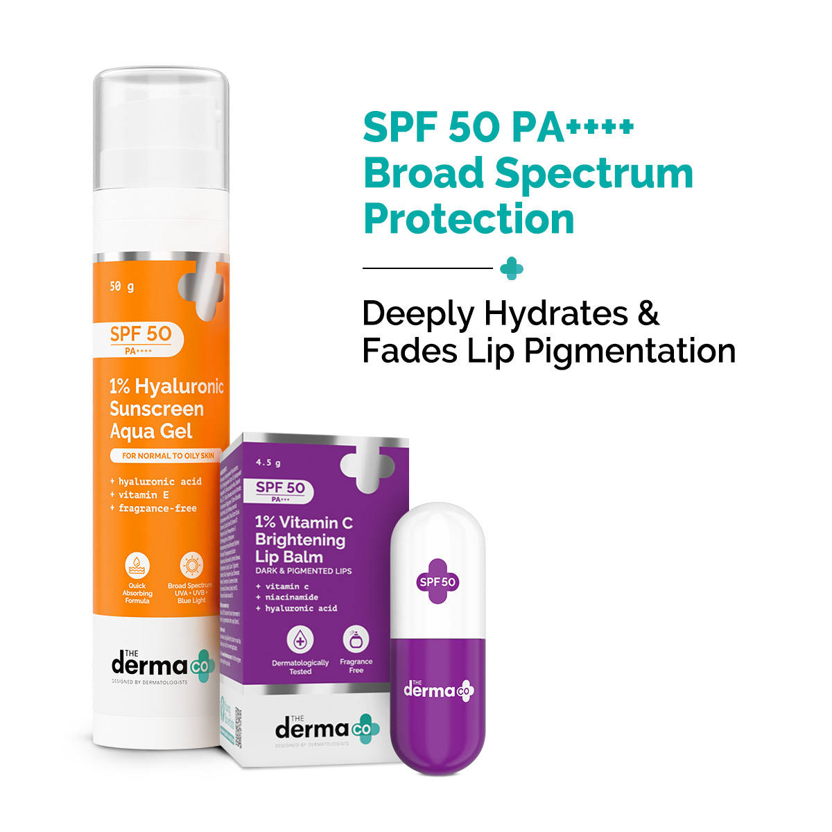 The Derma Co Vitamin C Lip Balm & Hyaluronic Sunscreen SPF 50 PA+++ Combo Brightening & Hydration