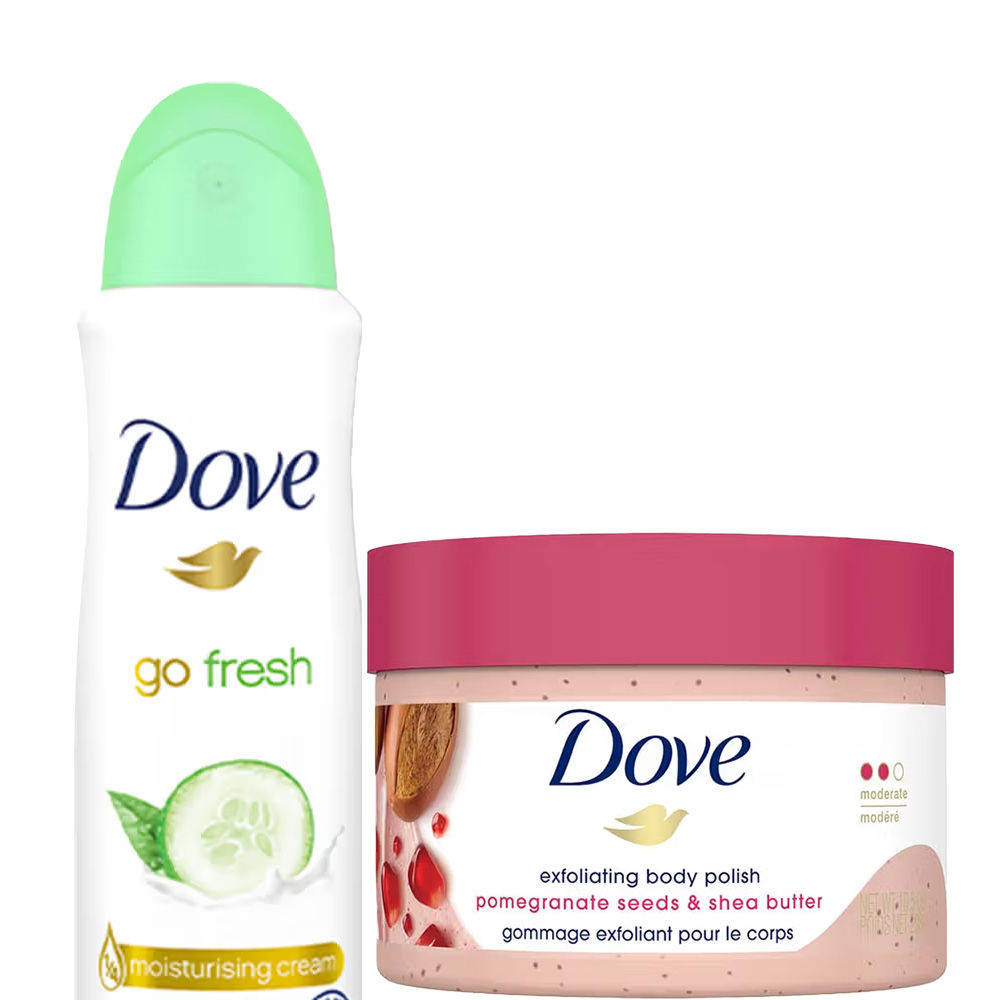 Dove Cucumber, Green Tea Deodorant & Pomegranate Seeds + Shea Butter Body Polish