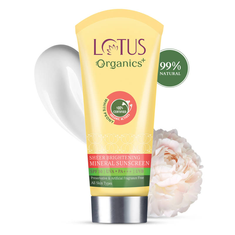 Lotus Herbals Lotus Organics Sheer Brightening Mineral Sunscreen, SPF 50, 100% Certified Organic White Peony