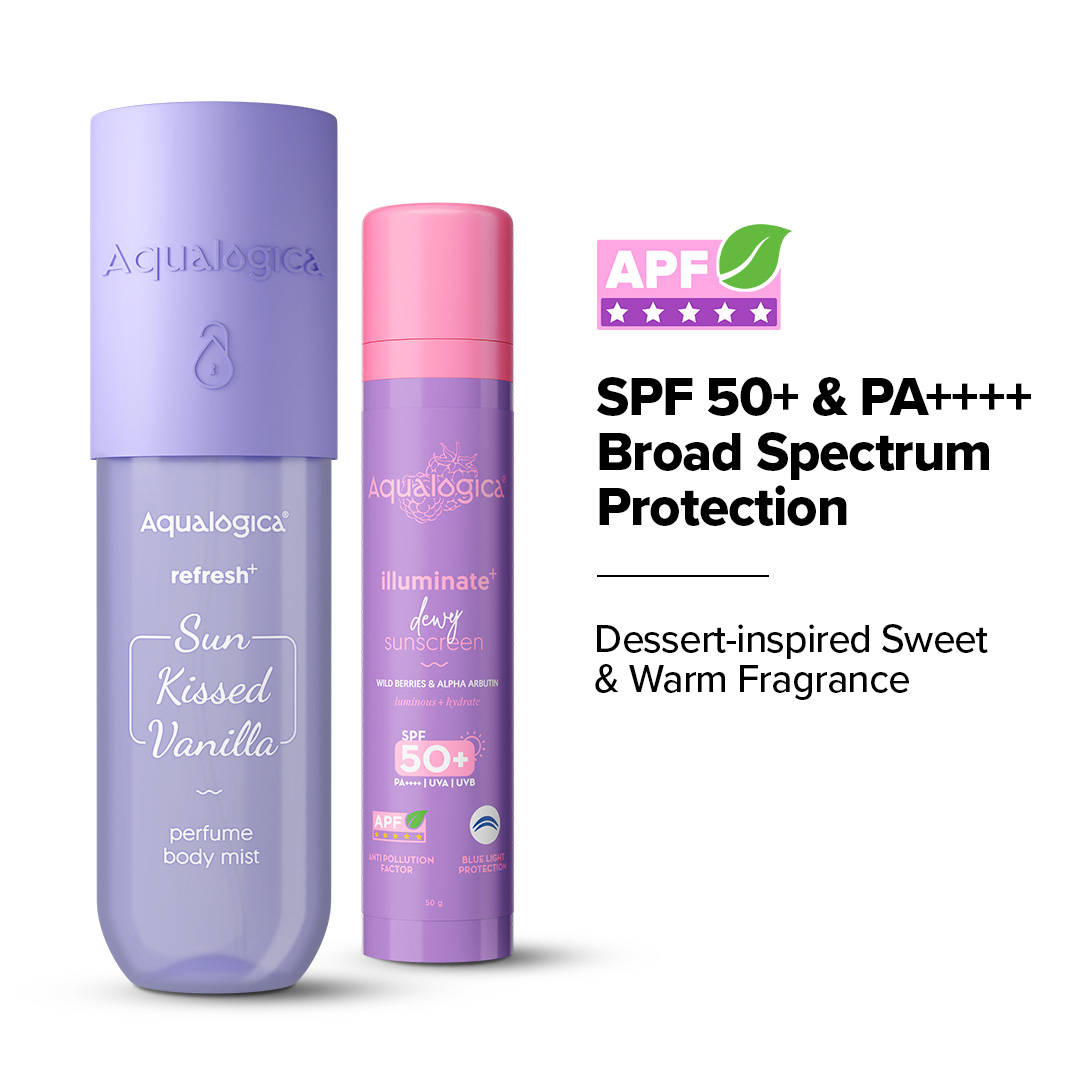 Aqualogica Sunscreen & Vanilla Perfume Mist Combo Protects Skin with SPF 50+ & Refreshing Fragrance